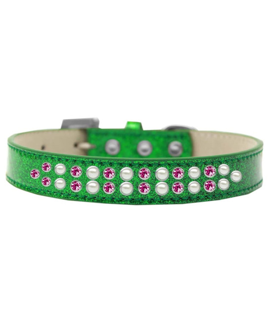 Mirage Pet Products Two Row Pearl and Pink crystal Ice cream Dog collar Size 16 Emerald green