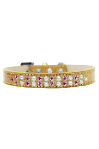 Mirage Pet Products Two Row Pearl and Pink crystal Ice cream Dog collar Size 14 gold