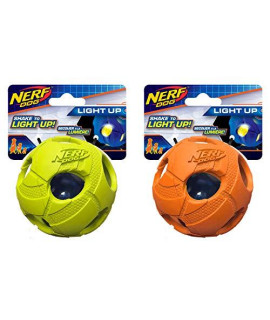 Nerf Dog Soccer Ball Dog Toy with Interactive LED, Lightweight, Durable and Water Resistant, 3.5 Inches, for Medium/Large Breeds, Two Pack, Green and Orange