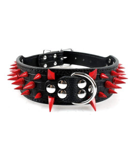 Berry Pet Sharp Spiked Studded Dog Collar - Stylish Leather Dog Collars - 2 Inch in Width Fit for Medium & Large Dogs - Such as Pitbull Mastiff - Red Rivets & Black Leather,19-22