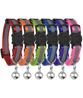 Upgraded Version - Reflective Cat Collar with Bell, Set of 6, Solid & Safe Collars for Cats, Nylon, Mixed Colors, Pet Collar, Breakaway Cat Collar, Free Replacement (6-Pack)