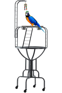 Elegant and Durable Wrought Iron Parrot Bird Play Rolling Stand Perch Gym Ground with Metal Ladder Toy Hook (BlackVein)