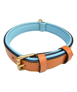 Luxury Real Leather Padded Dog collar, Tan and Teal , Size Small, 16 Long x 58 Wide, Neck Size 11 to 135 Inches