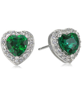 Sterling Silver created Emerald and created White Sapphire Halo Heart Stud Earrings