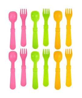 RE-PLAY Made in USA 12pk Toddler Feeding Utensils Spoon and Fork Set Made from BPA Free Eco Friendly Recycled Milk Jugs Dishwasher Safe Microwave Safe Pink Asst Without carrying case