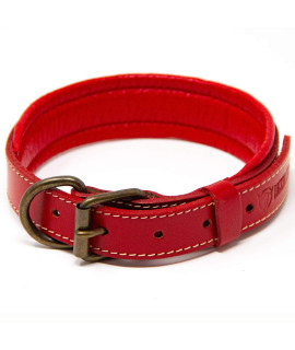 Logical Leather Padded Dog collar - Best Full grain Heavy Duty genuine Leather collar - Red - Medium