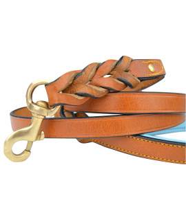 Soft Touch collars Leather Braided Dog Leash, Tan with Teal Padded Handle, 6ft x 34 Inch Wide, Made with Full grain genuine Leather