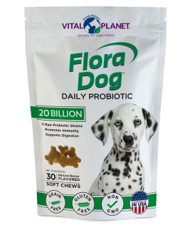 Vital Planet - Flora Dog Soft chews Probiotic Supplement with 20 Billion cultures and 11 Strains Immune and Digestive Support chewable Probiotics for Dogs 30 Natural Bacon Flavored Soft chews