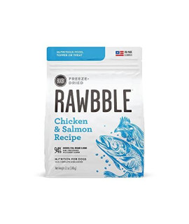 BIXBI Rawbble Freeze Dried Dog Food chicken & Salmon Recipe 12 oz - 94% Meat and Organs No Fillers - Pantry-Friendly Raw Dog Food for Meal Treat or Food Topper - USA Made in Small Batches