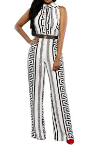 Pink Queen Womens Geometric Printed Sleeveless Loose Long Jumpsuits Rompers, Small, White Geometric