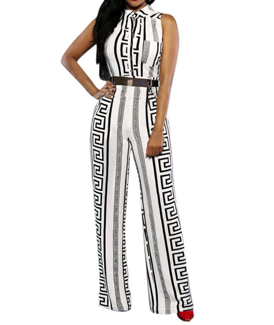 Pink Queen Womens Geometric Printed Sleeveless Loose Long Jumpsuits Rompers, Small, White Geometric