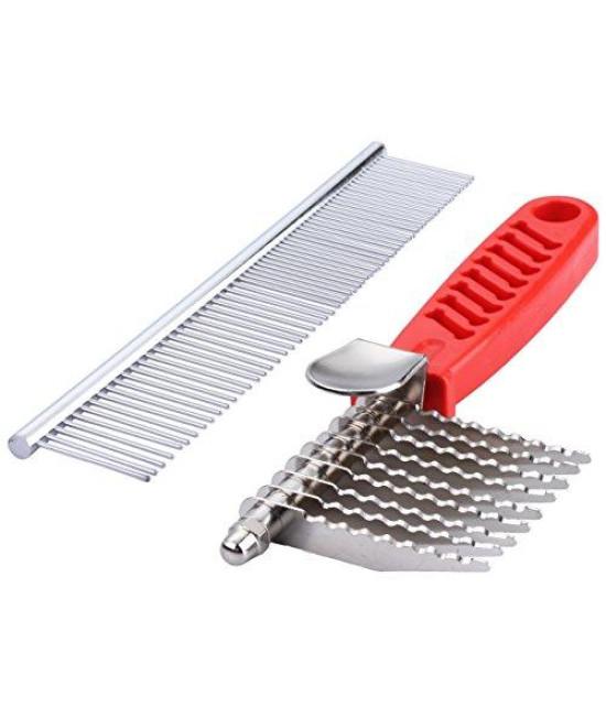 QUMY Dog Comb Pet Grooming Comb Dog Rake Comb Trimmer Stainless Steel Dog Comb for Dematting Removing Dead, Matted or Knotted Hair