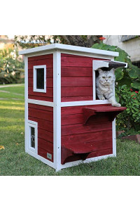 Petsfit Outdoor Cat House, 2 Story Outside Cat Shelter Condo Enclosure with Escape Door for Stray Feral Cats Weatherproof
