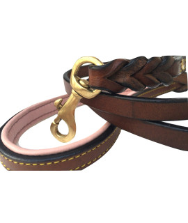 Soft Touch collars 4ft x 12 Inch Wide Leather Braided Dog Leash, Brown with Pink Padded Handle, for Small Dogs
