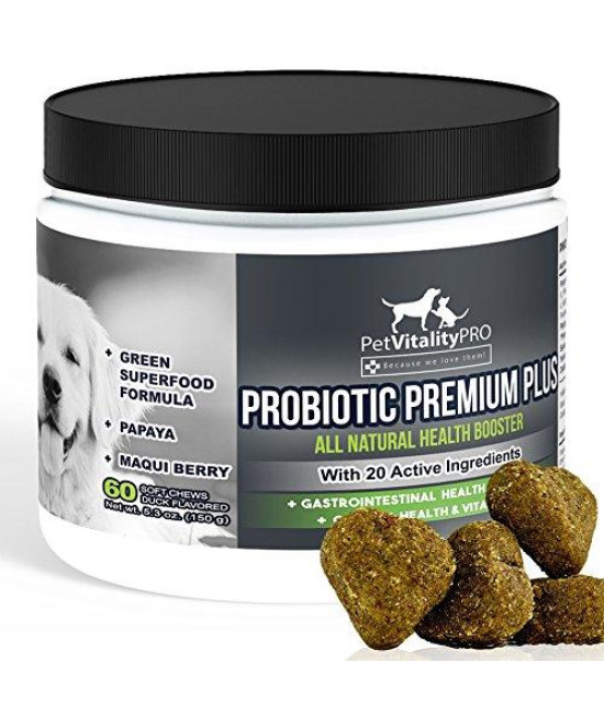 PetVitalityPRO Probiotics for Dogs with Natural Digestive Enzymes ? 4 Bill CFUs/2 Soft Chews ? Dog Diarrhea Upset Stomach Yeast Gas Bad Breath Immunity Allergies Skin Itching Hot Spots ? 60 Count