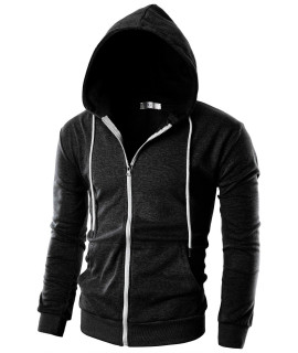 Ohoo Mens Slim Fit Lightweight Zip Up Hoodie with Pockets Long Sleeve Full-Zip Hooded SweatshirtDcF002-cHARcOAL-XL