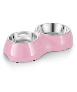 Flexzion Pet Feeder Stainless Steel Dog Bowl (Set of 2) - Feeding Station Tray with Removable Food Water Holder, Rubber Slip Resistant Base Stand, Dishwasher Safe & Rust Resistant for Dog Cat (Pink)