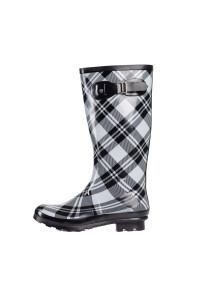NORTY Womens Hurricane Wellie Rain Boots - High-calf Length - glossy Matte Waterproof Rubber Shoes - Black Plaid Size 7