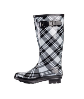NORTY Womens Hurricane Wellie Rain Boots - High-calf Length - glossy Matte Waterproof Rubber Shoes - Black Plaid Size 7