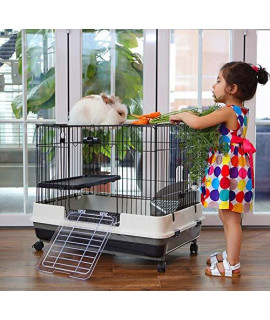 Large 2-Level Indoor Small Animal Pet cage for guinea Pig Ferret chinchilla cat Playpen Rabbit Hutch with Solid Platform & Ramp, Leakproof Litter Tray, 2 Large Access Doors Lockable casters