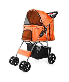 Flexzion Pet Stroller (Orange) Dog Cat Small Animals Carrier Cage 4 Wheels Folding Flexible Easy to Carry for Jogger Jogging Walking Travel Up to 30 Pounds with Rain Cover Cup Holder Mesh Window