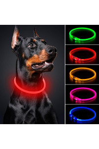 BSEEN LED Dog collar - cuttable Water Resistant glowing Dog collar Light Up, USB Rechargeable Pet Necklace Loop for Small, Medium, Large Dogs (Red)
