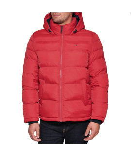Tommy Hilfiger Mens Hooded Puffer Jacket, Red, Medium