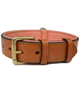 Soft Touch collars Leather Dog collar, Padded for comfort , Large Tan and coral , Real genuine Luxury Leather