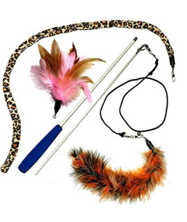 Pet Fit For Life 3 Piece Dual Rod Feather Teaser and Exerciser with a Slithering Snake for Cat and Kitten - Cat Toy Interactive Cat Wand