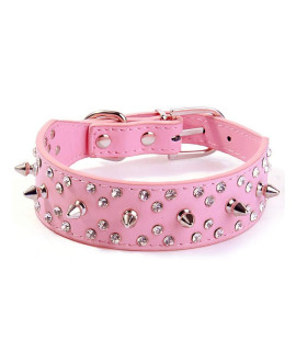 Wellbro Deluxe Fashion Spikes and Rhinestones Studded PU Leather Dog Collar, Adjustable Bullet Rivets Pets Collar, Durable and Soft, 16.8 Length by 1.4 Width (M, Pink)
