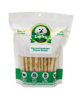 Lucky Premium Treats Peanut Butter Basted Rawhide - All-Natural Rawhide And Peanut Butter Dog Treats For Small Dogs, Gluten Free Premium Small Breed Dog Treats (125 Chews)