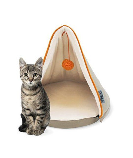 Precious Tails Taupe Canvas Cat Bed with Fleece Interior & Zipper Removable Teepee Top