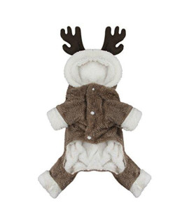 Cute Cartoon Pet Reindeer Cosplay Halloween Christmas Elk Costume Dog Puppy Hoodie Coat Jacket Clothes Soft Coral Velvet Fleece Winter Warm Hooded Sweater Jumpsuit Outfit Apparel For Small Dogs Cats