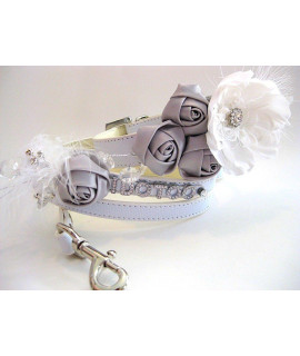 House of FurBaby Wedding Flower Dog collar Flower Dog collar & Matching Leash White and Silver Small Dog collar fits Neck Size 11-14