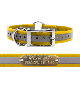 Outdoor Dog Supplys 1 Wide Reflective Ring in center Dog collar Strap with custom Brass Name Plate (18 Long, Reflective School Bus Yellow)