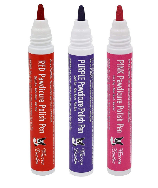 Warren London Pawdicure Dog Nail Polish Pen Non Toxic, Odorless, Fast Dry Made In Usa 3 Pack Core (Pink Purple Red)