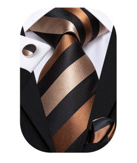 Hi-Tie Mens Brown And Black Striped Ties Silk Necktie With Pocket Square Cufflinks Set