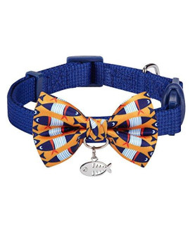 Blueberry Pet 18 Patterns Timeless Navy Blue Breakaway Adjustable Chic Fish Print Handmade Bow Tie Cat Collar With European Crystal Bead On Fish Charm, Neck 9-13 Bow 3 2
