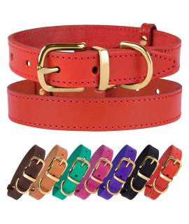 Bronzedog Leather Dog Collar With Buckle Durable Basic Pet Collars For Small Medium Large Dogs Puppy Cat Kitten (Neck Size 14 - 17, Red)