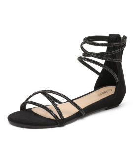 Dream Pairs Womens Weitz Black Ankle Strap Rhinestones Low Wedge Sandals - 8 M Us