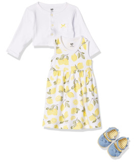 Hudson Baby Baby girl cotton Dress, cardigan and Shoe Set, Lemon, 9-12 Months