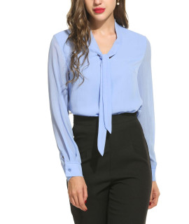 AcEVOg chiffon Blouses Womens Long Sleeve collared Work Blouse with Tie,Light Blue,XX-Large