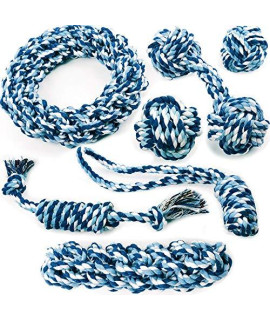 Friends Forever Chewers Play Dog Rope Toy for Medium Dogs and Puppy, Teething, Tug War - Tough Dog Toys Set 7-Piece Assortment, Blue, XL