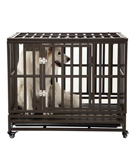 SMONTER 38" Heavy Duty Strong Metal Dog Cage Pet Kennel Crate Playpen with Wheels, I Shape, Brown 