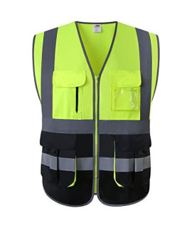 JKSafety 7 Pockets High Visibility Zipper Front Safety Vest With Reflective StripsMeets ANSIISEA Standards (130-Yellow-Black XL)