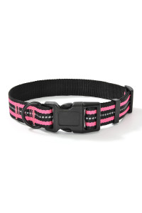 Mile High Life Night Reflective Double Bands Nylon Dog Collar (Hot Pink, Small (Pack Of 1) )