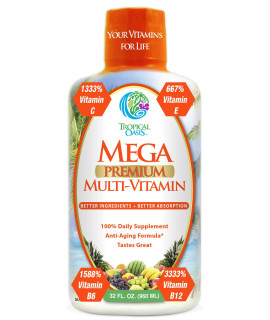 Mega Premium Liquid Multivitamin Natural Immune Support Vitamin w 1333 Vitamin c, 200 D3, Zinc 20 Vitamins, 70 Minerals, 21 Amino Acids Sugar Free Orange Flavor 98 Absorption 32 Serv
