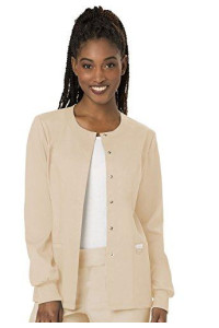 Snap Front Scrub Jackets for Women, Workwear Revolution Soft Stretch WW310, L, Khaki