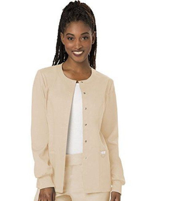 Snap Front Scrub Jackets for Women, Workwear Revolution Soft Stretch WW310, L, Khaki