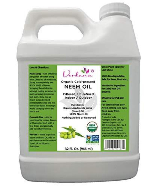 Verdana USDA Organic Cold Pressed Neem Oil 32 Fl. Oz - Non GMO Certified - Unrefined - High Azadirachtin Content - 100% Neem Oil, Nothing Added or Removed - Leafshine, Pet Care, Skin Care, Hair Care